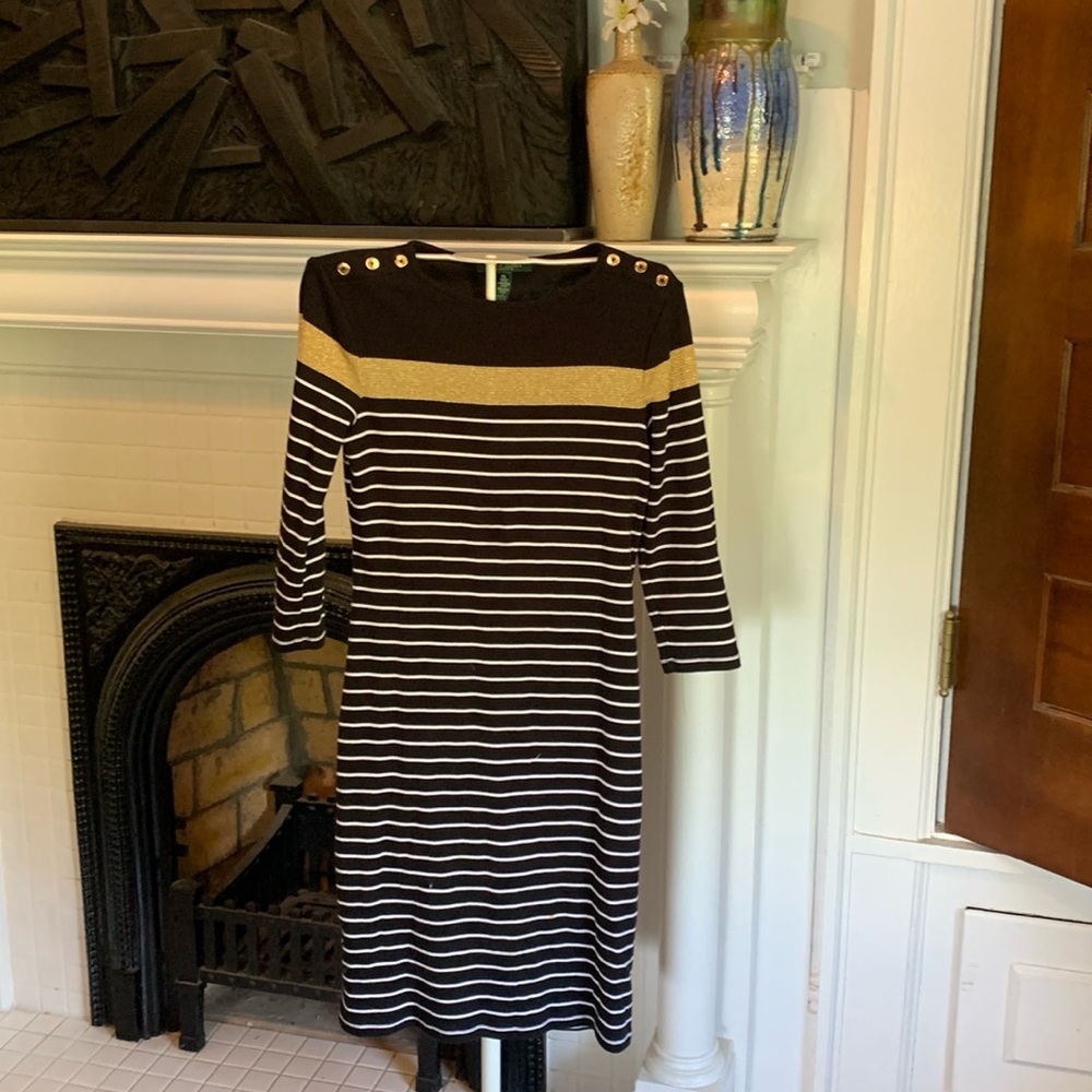 Lauren by Ralph Lauren striped sweater dress with gold stripe. Worn maybe‎ twice